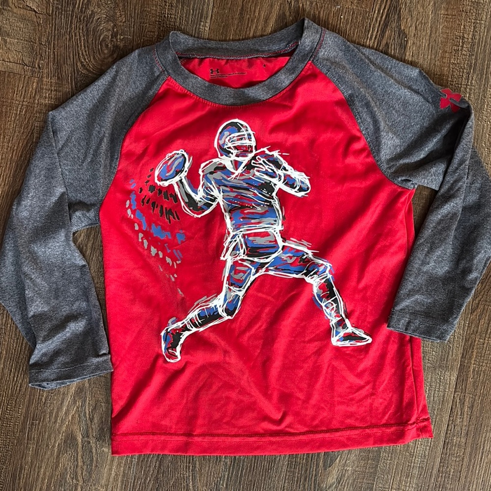 Under Armour Kids Red and Gray Football Graphic Long Sleeve Shirt